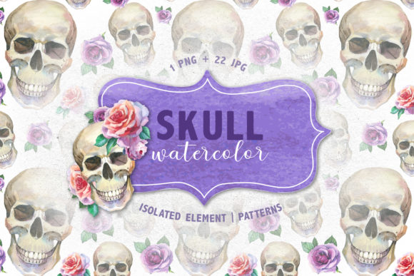 Cool Skull Print Watercolor Set Illustrations