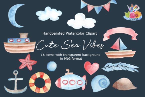 Cute Sea Vibes Watercolor Clipart & Illustrations