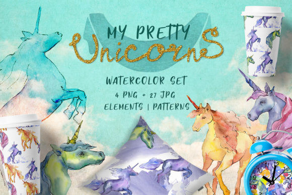 Cute Unicorn Horse Watercolor Collection Set