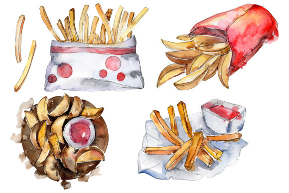 French Fries with Sauce Watercolor Illustrations