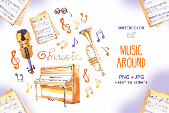 Music Around - Watercolor Cliparts & Illustrations