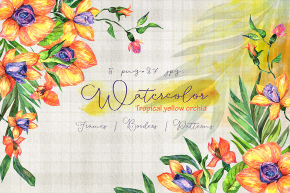 Tropical Yellow Orchid Watercolor Set Illustrations