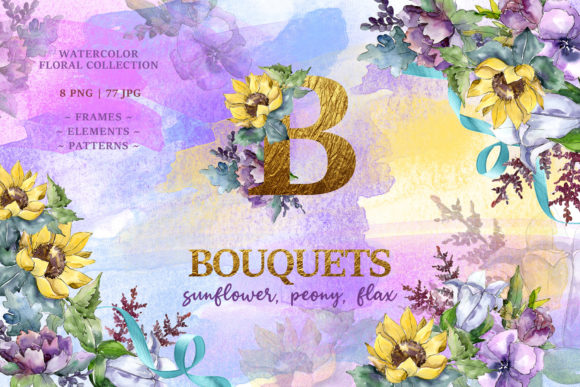 Watercolor Bouquets with Sunflowers and Peonies