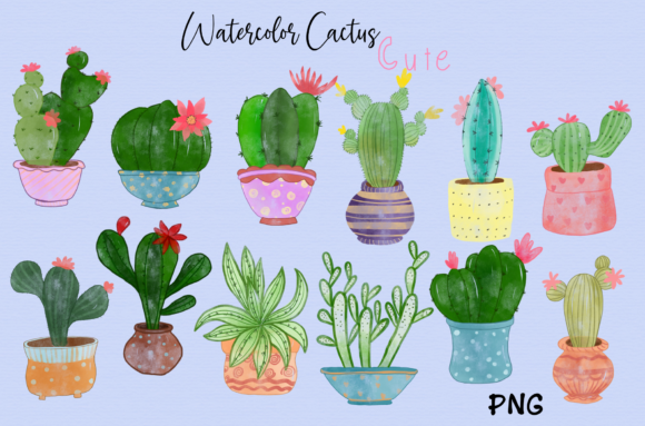 Watercolor Cute Cactus Clipart & Illustrations