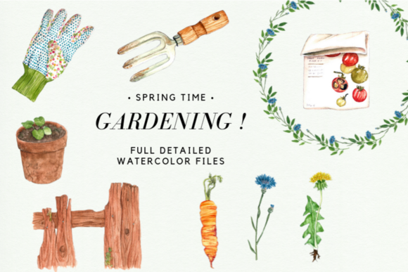 Watercolor Gardening Set, Spring Wreaths Illustrations