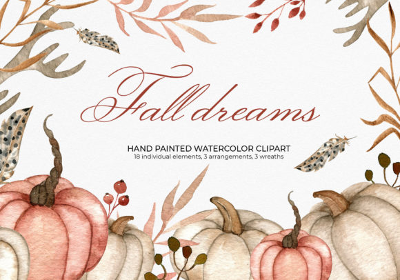 Watercolor Pumpkins, Antlers & Feathers Illustrations