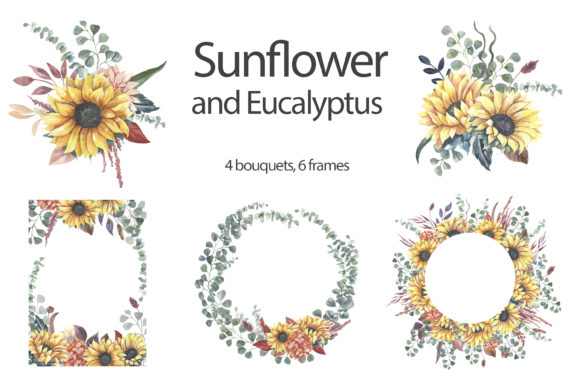 Watercolor Sunflower Wreaths and Bouquet Illustrations