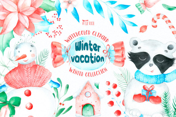 Watercolor Winter Vacation Clipart & Illustrations